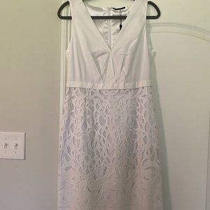 White sleeveless dress with battenburg lace skirt